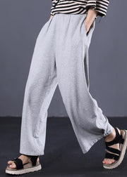 women cotton solid color casual pants elastic waist gray wide leg pants - bagstylebliss
