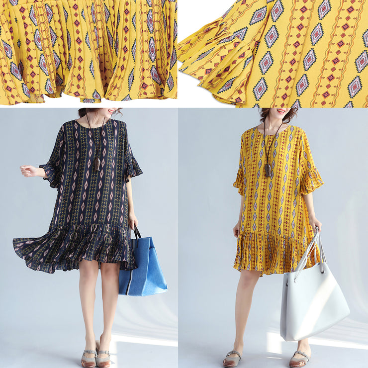 women dark blue prints chiffon dresses trendy plus size chiffon maxi dress Elegant ruffles hem ruffles sleeve cute chiffon dress