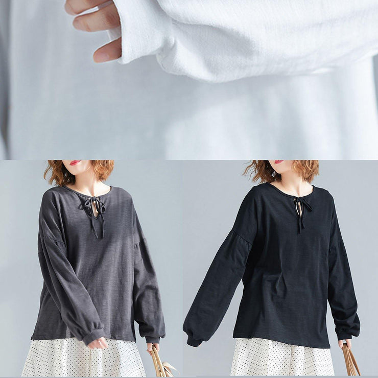 women dark gray o neck Puff Sleeve cotton fall top - bagstylebliss