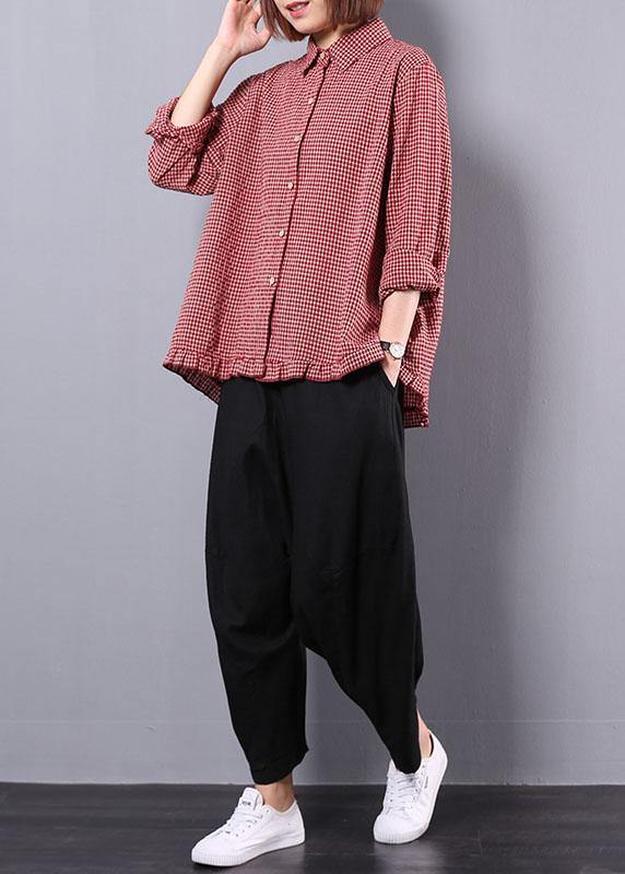 women fall cotton linen two pieces red plaid lapel collar shirt and black harem pants - bagstylebliss