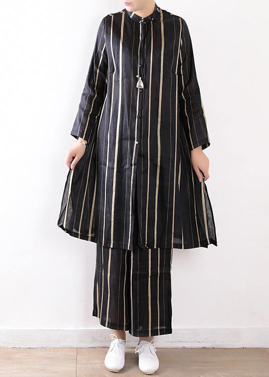 women fashion linen black two pieces long sleeve silk shirt with wide leg pants - bagstylebliss