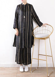women fashion linen black two pieces long sleeve silk shirt with wide leg pants - bagstylebliss