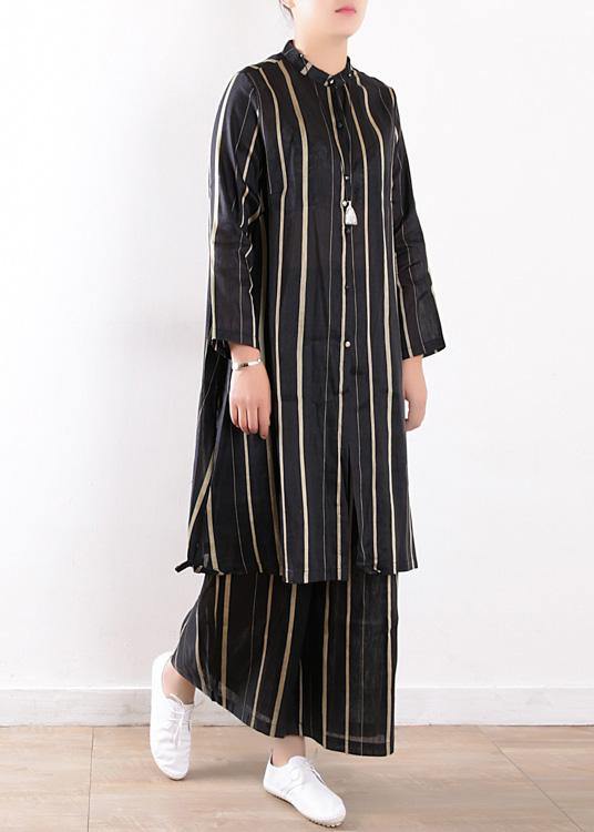 women fashion linen black two pieces long sleeve silk shirt with wide leg pants - bagstylebliss