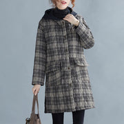 women gray plaid winter parkas oversized snow hooded pockets overcoat - bagstylebliss