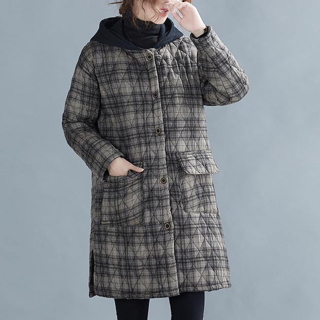 women gray plaid winter parkas oversized snow hooded pockets overcoat - bagstylebliss