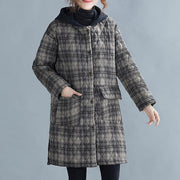 women gray plaid winter parkas oversized snow hooded pockets overcoat - bagstylebliss