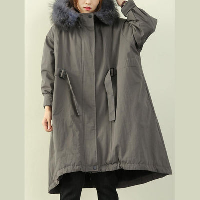 women gray winter outwear casual hooded faux fur collar outwear - bagstylebliss