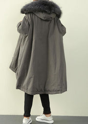 women gray winter outwear casual hooded faux fur collar outwear - bagstylebliss