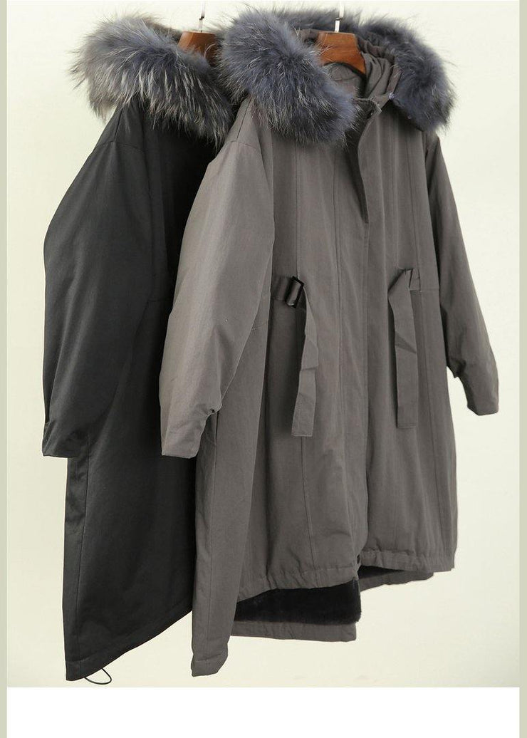 women gray winter outwear casual hooded faux fur collar outwear - bagstylebliss
