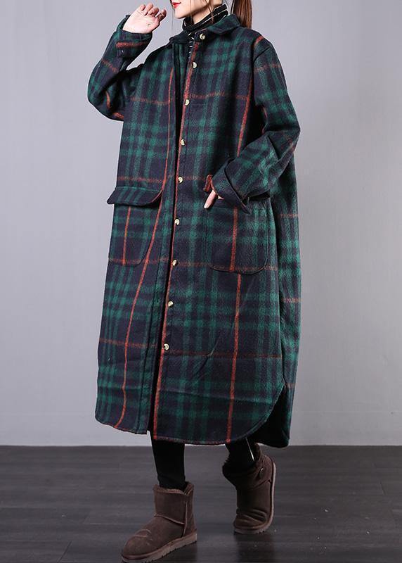 women green plaid wool overcoat plus size clothing Winter coat lapel pockets coats - bagstylebliss