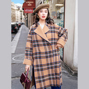 women khaki Plaid Coats plus size Notched Winter coat fine side open pockets wool jackets