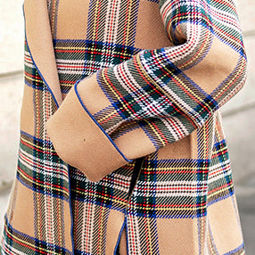 women khaki Plaid Coats plus size Notched Winter coat fine side open pockets wool jackets