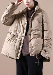 women khaki down coat winter stand collar Chinese Button Luxury overcoat - bagstylebliss