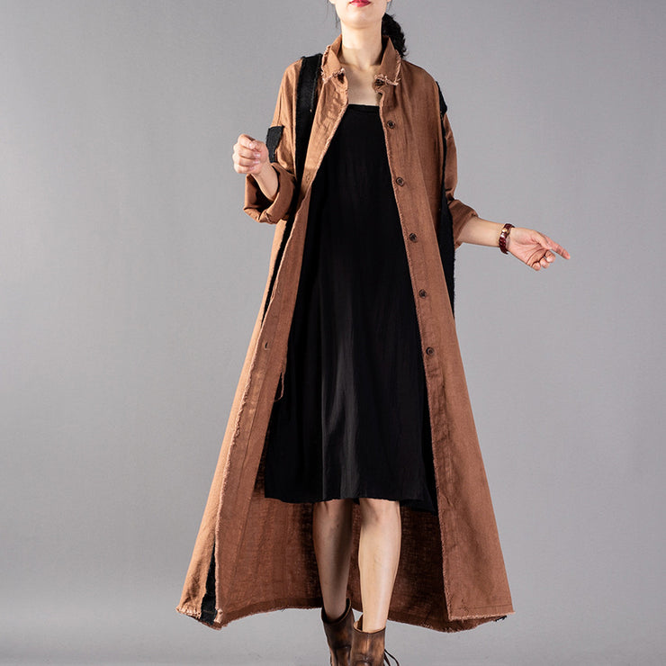 women khaki long coat Loose fitting patchwork pockets outwear New Turn-down Collar long coats