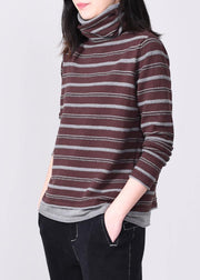 women khaki striped knitted tops oversized high neck knit sweater long sleeve - bagstylebliss