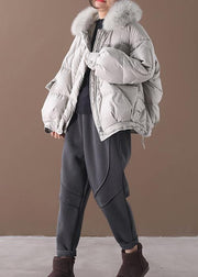 women light gray down jacket oversize down jacket fur collar drawstring Luxury coats - bagstylebliss
