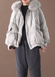 women light gray down jacket oversize down jacket fur collar drawstring Luxury coats - bagstylebliss