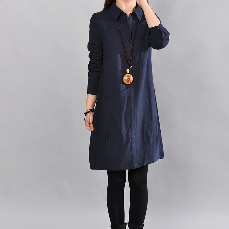 women navy pure linen dresses Loose fitting cotton maxi dress Fine big pockets long sleeve shirt dress