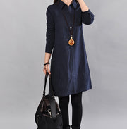 women navy pure linen dresses Loose fitting cotton maxi dress Fine big pockets long sleeve shirt dress