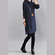 women navy pure linen dresses Loose fitting cotton maxi dress Fine big pockets long sleeve shirt dress