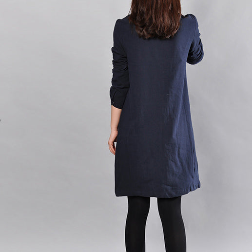 women navy pure linen dresses Loose fitting cotton maxi dress Fine big pockets long sleeve shirt dress