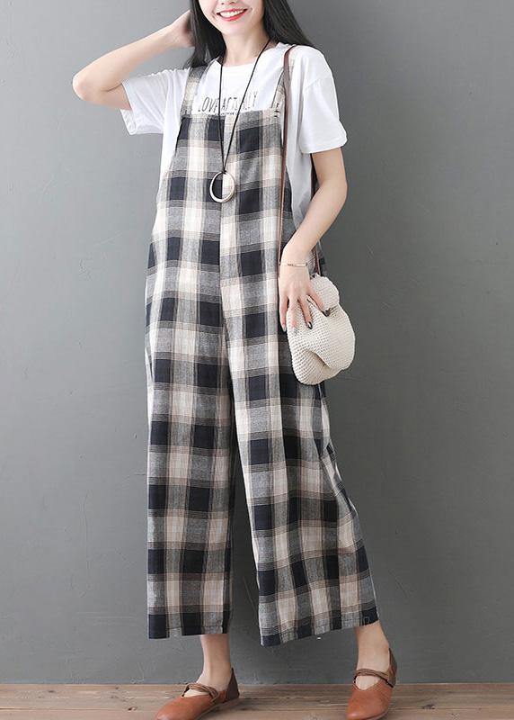 women new cotton white plaid sleeve casual jumpsuit pants - bagstylebliss