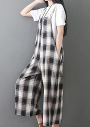 women new cotton white plaid sleeve casual jumpsuit pants - bagstylebliss