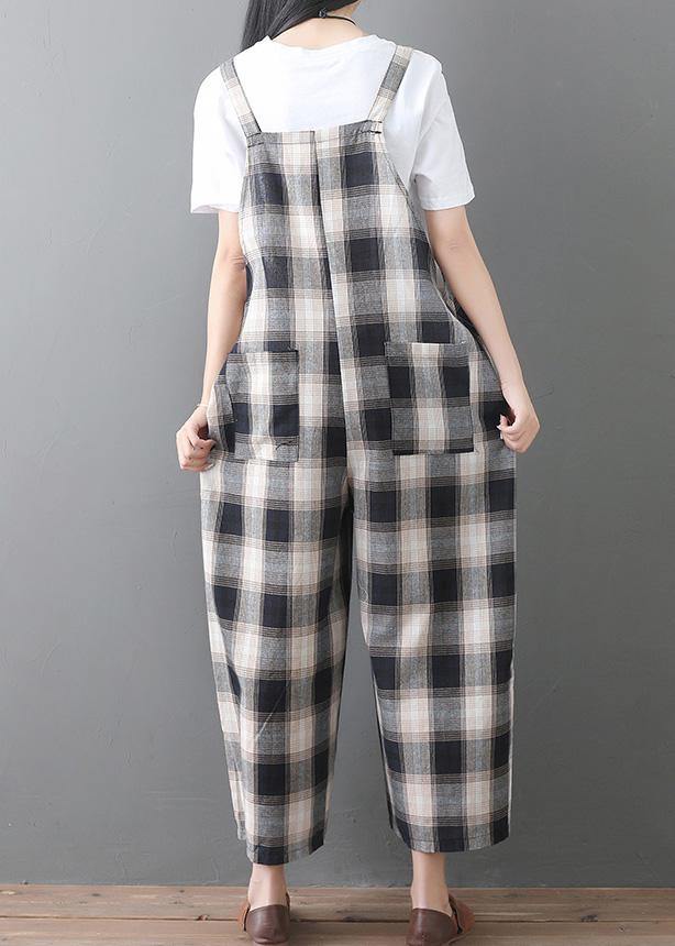 women new cotton white plaid sleeve casual jumpsuit pants - bagstylebliss