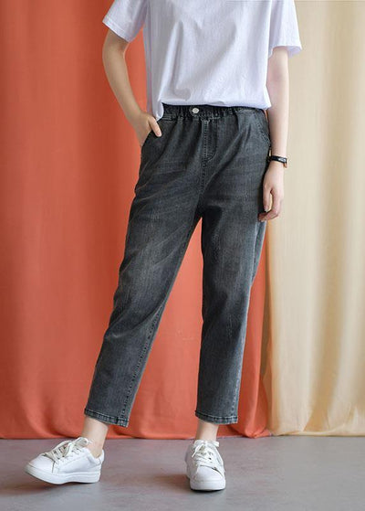 women new fall black gray cotton loose pants casual elastic waist jeans - bagstylebliss