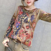 women new gold prints cotton sweater plus size wild o neck elastic knit sweater