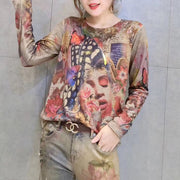 women new gold prints cotton sweater plus size wild o neck elastic knit sweater