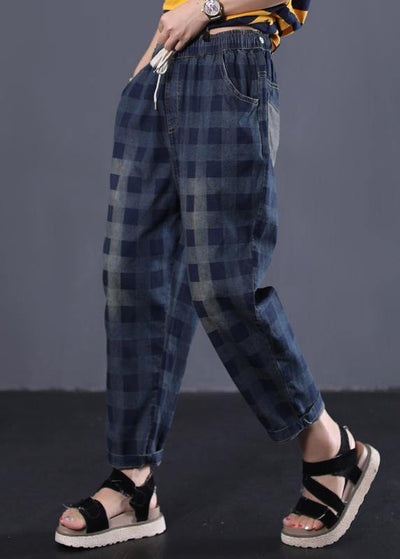 women new navy plaid cotton casual pant vintage elastic waist pants - bagstylebliss