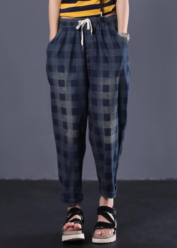 women new navy plaid cotton casual pant vintage elastic waist pants - bagstylebliss