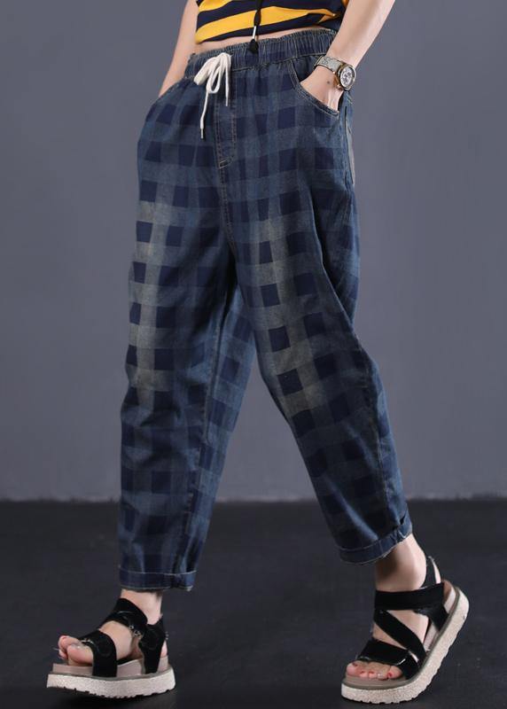 women new navy plaid cotton casual pant vintage elastic waist pants - bagstylebliss