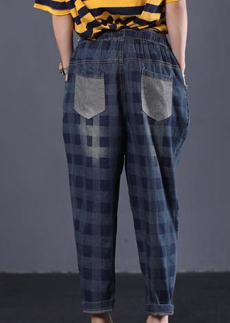 women new navy plaid cotton casual pant vintage elastic waist pants - bagstylebliss