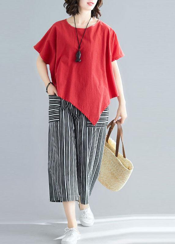 women new red casual asymmetric hem tops and striped crop pants - bagstylebliss