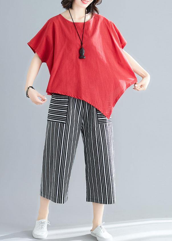 women new red casual asymmetric hem tops and striped crop pants - bagstylebliss