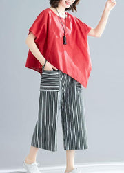 women new red casual asymmetric hem tops and striped crop pants - bagstylebliss