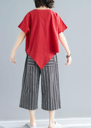 women new red casual asymmetric hem tops and striped crop pants - bagstylebliss