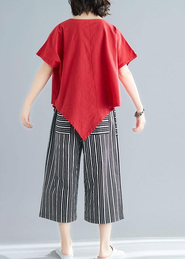 women new red casual asymmetric hem tops and striped crop pants - bagstylebliss