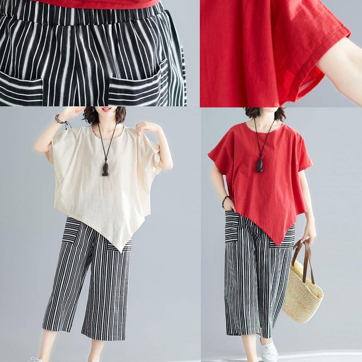 women new red casual asymmetric hem tops and striped crop pants - bagstylebliss