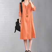 women orange linen dresses plus size clothing traveling clothing 2018 bracelet sleeved o neck cotton clothing