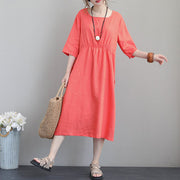 women orange red linen dresses plus size tunic linen clothing dresses boutique bracelet sleeved gown