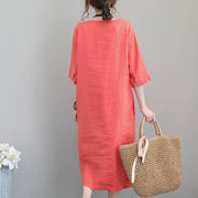 women orange red linen dresses plus size tunic linen clothing dresses boutique bracelet sleeved gown