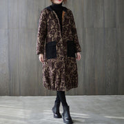 women oversize winter coats chocolate print hooded pockets coats - bagstylebliss