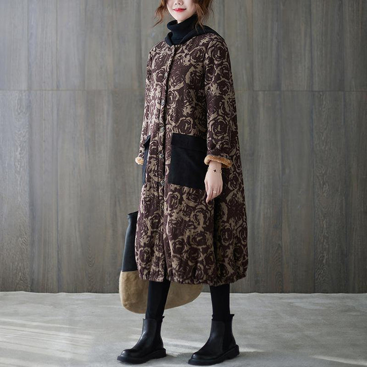 women oversize winter coats chocolate print hooded pockets coats - bagstylebliss