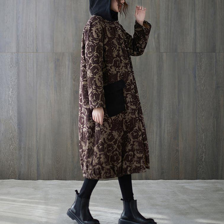 women oversize winter coats chocolate print hooded pockets coats - bagstylebliss