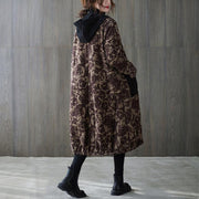 women oversize winter coats chocolate print hooded pockets coats - bagstylebliss