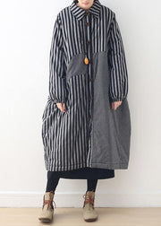 women oversize winter jacket POLO collar outwear gray striped patchwork thick women parka - bagstylebliss