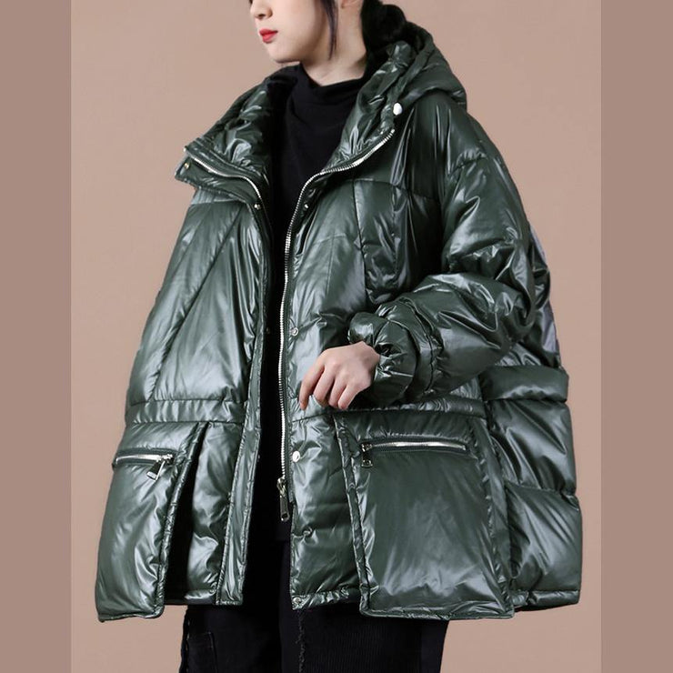 women oversize winter jacket coats blackish green hooded zippered down coat - bagstylebliss